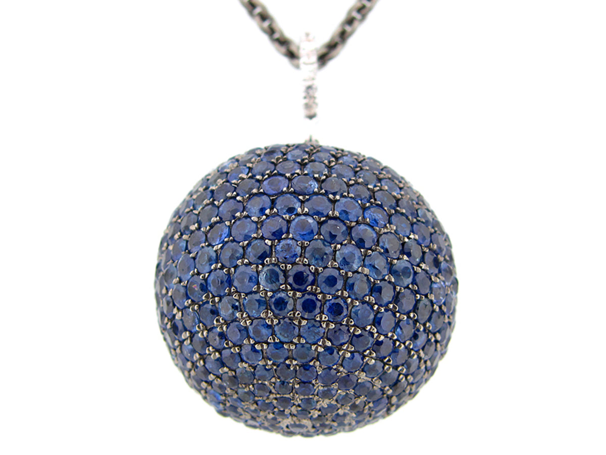 25MM, BLUE & WHITE SAPPHIRE BALL PENDANT,36" CHAIN, BLACK FINISH, SILVER (H)