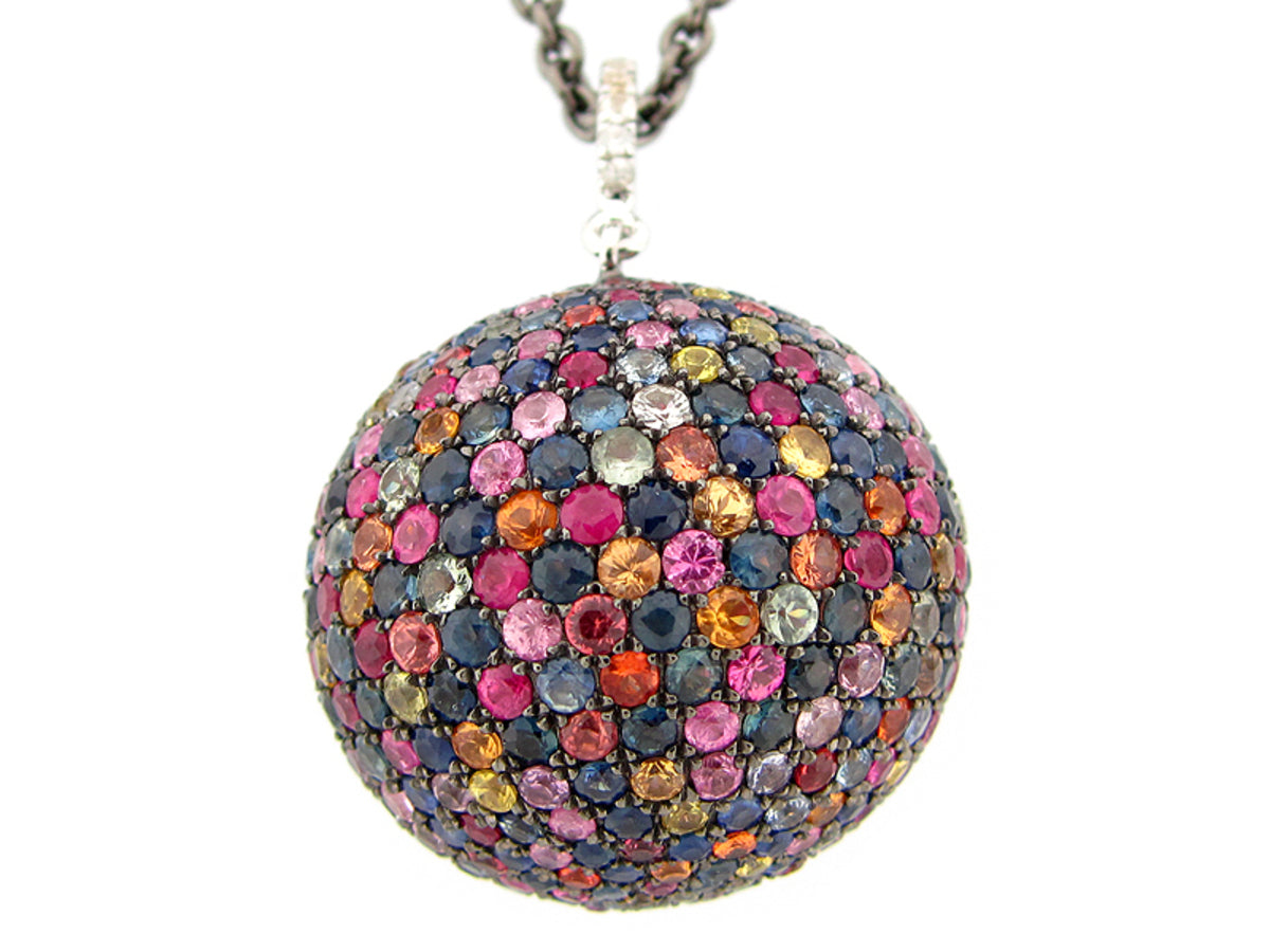 25MM, RAINBOW SAPPHIRE BALL PENDANT,36" CHAIN,  BLACK FINISH, SILVER (H/U)