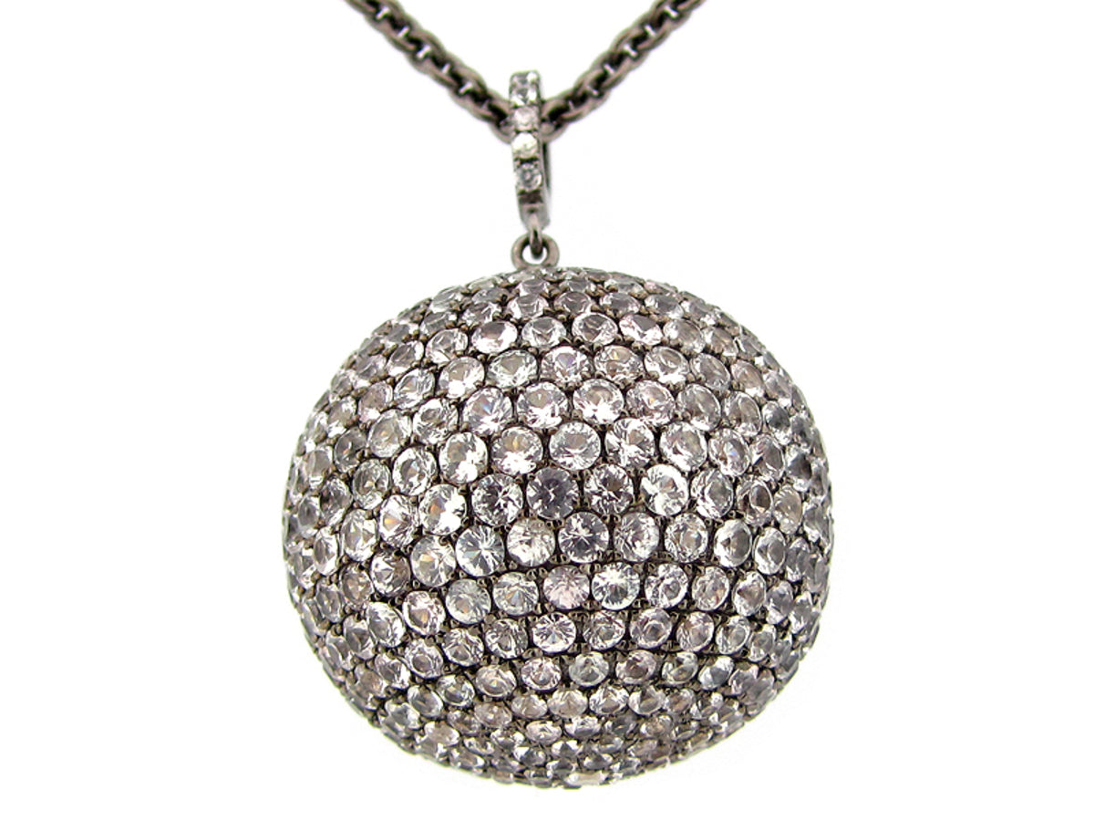 25MM, WHITE SAPPHIRE BALL PENDANT,36" CHAIN,  BLACK FINISH, SILVER (H)
