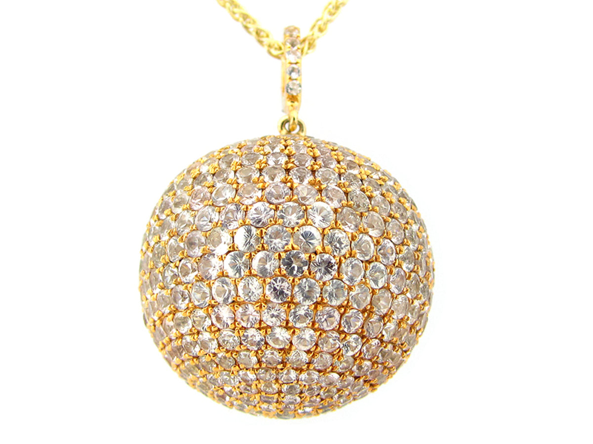 25MM, WHITE SAPPHIRE BALL PENDANT,36" CHAIN,  YELLOW FINISH, SILVER (H)