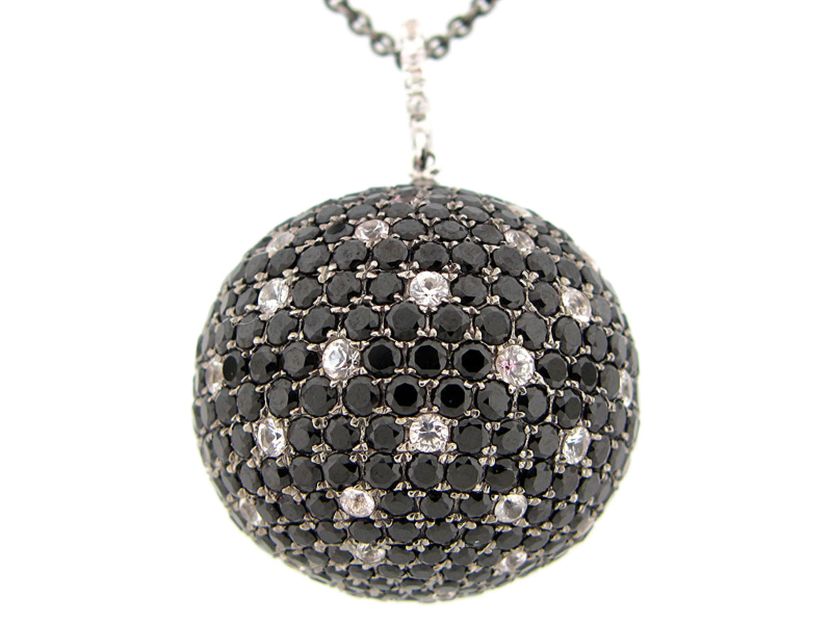 25MM, BLACK SPINEL & WHITE SAPPHIRE BALL PENDANT, 28" WH SA CHAIN, BLACK FINISH, SILVER