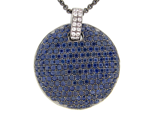 BLUE & WHITE SAPPHIRE PENDANT, 20" CHAIN, BLACK FINISH, SILVER (H)