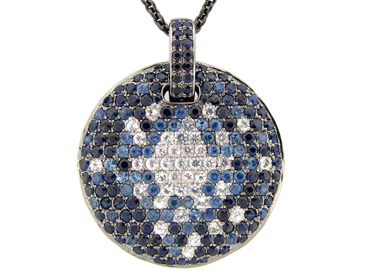 BLUE & WHITE SAPPHIRE PENDANT,BLACK FINISH, 24 " CHAIN,  SILVER (H)