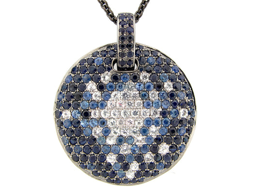 BLUE & WHITE SAPPHIRE PENDANT,BLACK FINISH, 24 " CHAIN,  SILVER (H)