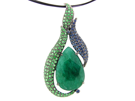 EMERALD DYED, SAPPHIRE & TSAVORITE PENDANT, BLACK FINISH, SILVER (D/H), CENTER=28.05