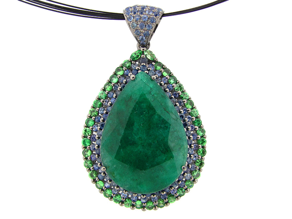EMERALD DYED, SAPPHIRE & TSAVORITE PENDANT, BLACK FINISH, SILVER (D/H), CENTER=39.62