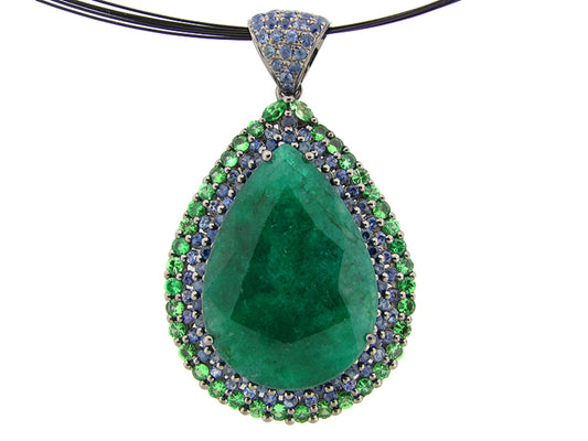 EMERALD DYED, SAPPHIRE & TSAVORITE PENDANT, BLACK FINISH, SILVER (D/H), CENTER=39.62