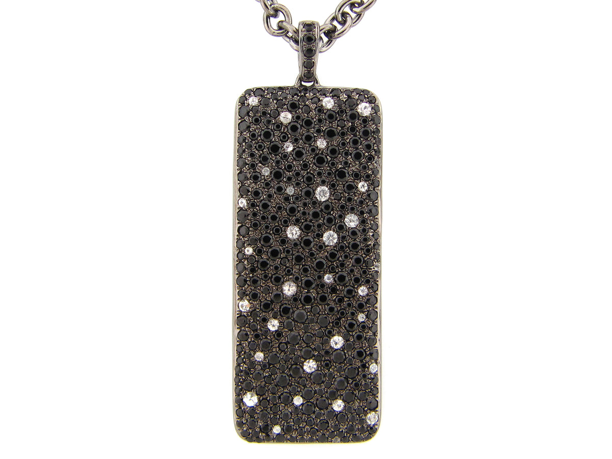 WHITE SAPPHIRE & BLACK SPINEL LARGE RECTANGELE PENDANT,24" CHAIN, BLACK FINISH, SILVER (H)