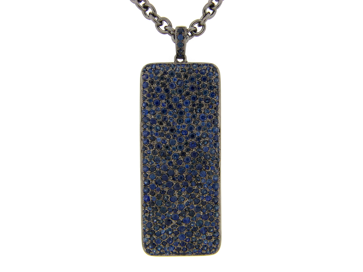 SAPPHIRE LARGE RECTANGLE PENDANT, 24" CHAIN, BLACK FINISH, SILVER (H)