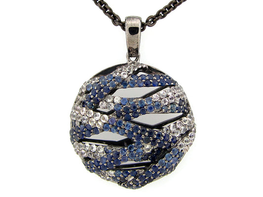 BLUE & WHITE SAPPHIRE PENDANT, BLACK FINISH, SILVER, (H)