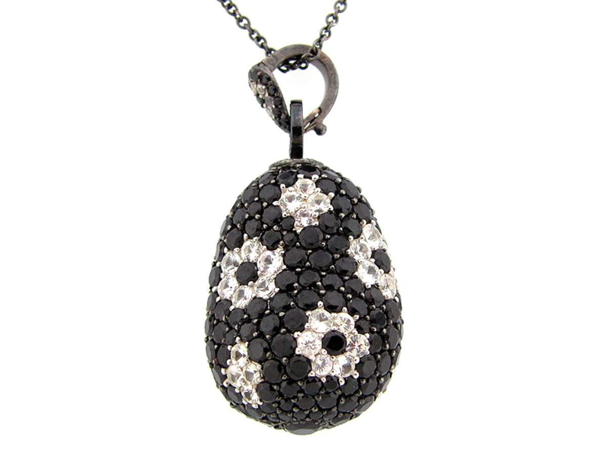BLACK SPINEL & WHITE SAPPHIRE PENDANT, BLACK FINISH, 30 " CHAIN, SILVER (N/H)