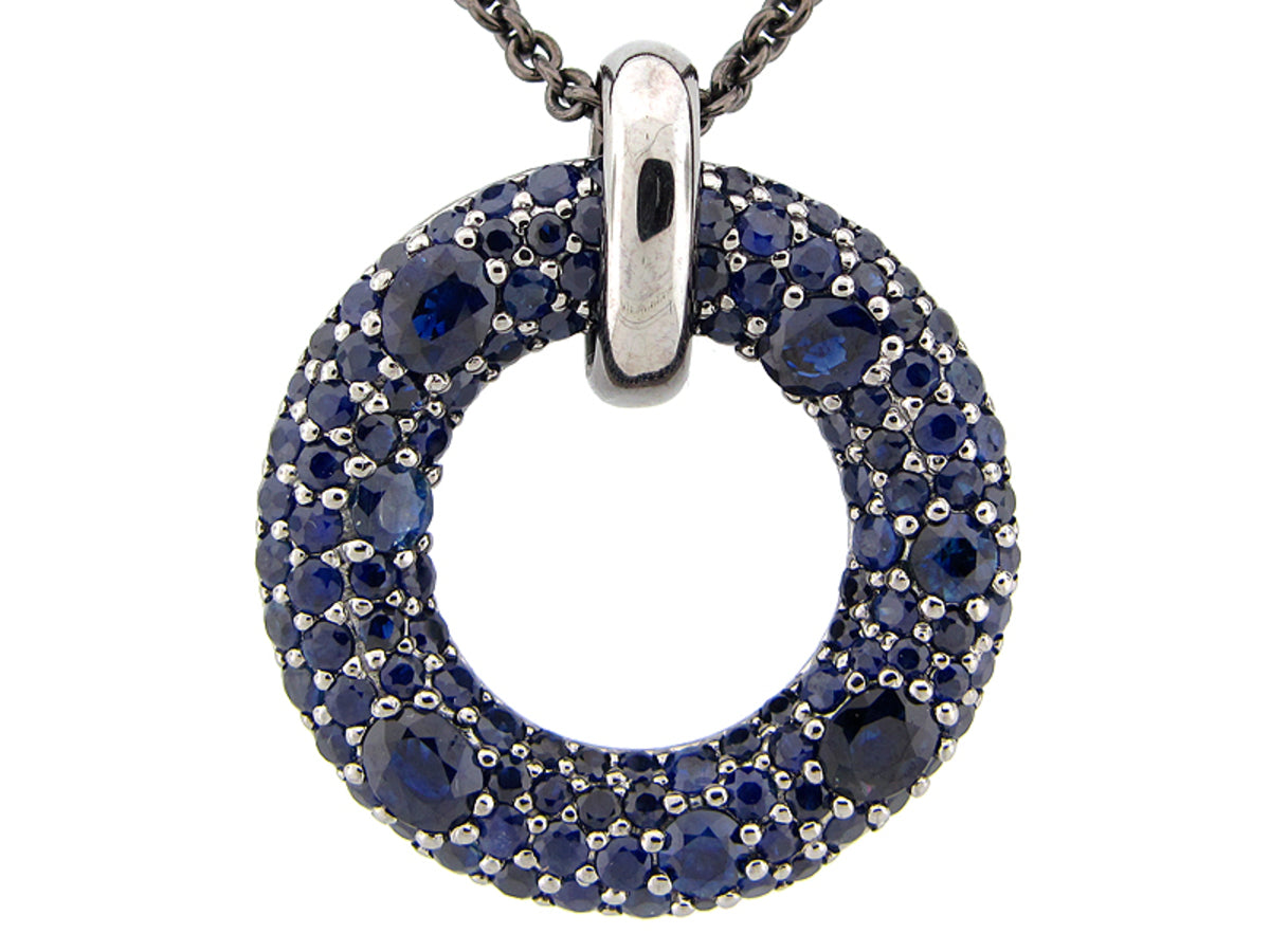 SAPPHIRE PENDANT, 30" CHAIN, BLACK FINISH, SILVER (H)