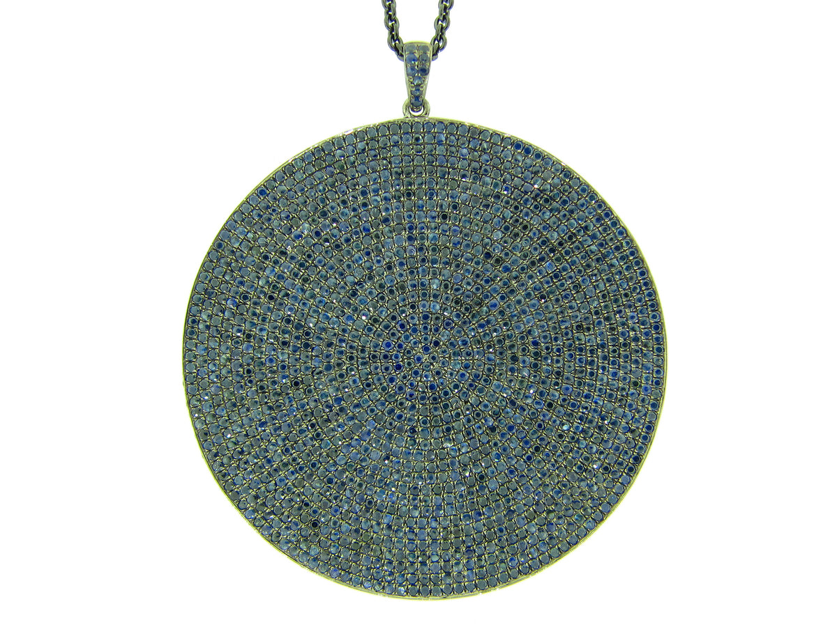 SAPPHIRE PENDANT,34/36" CHAIN,  BLACK FINISH, SILVER (H)