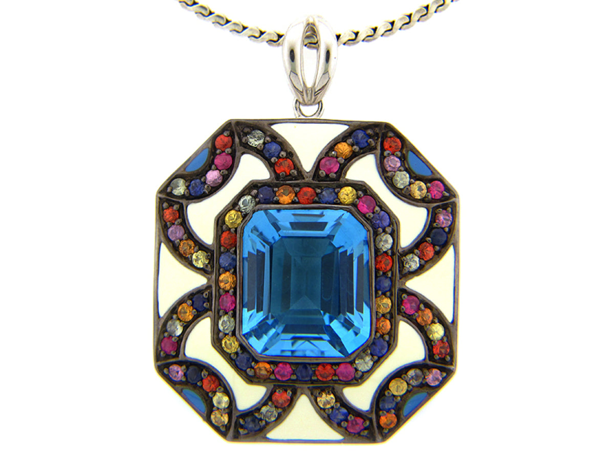 BLUE TOPAZ & MULTI SAPPHIRE/CREAM & BLUE ENAMEL PENDANT