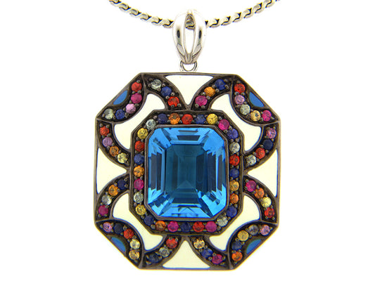 BLUE TOPAZ & MULTI SAPPHIRE/CREAM & BLUE ENAMEL PENDANT