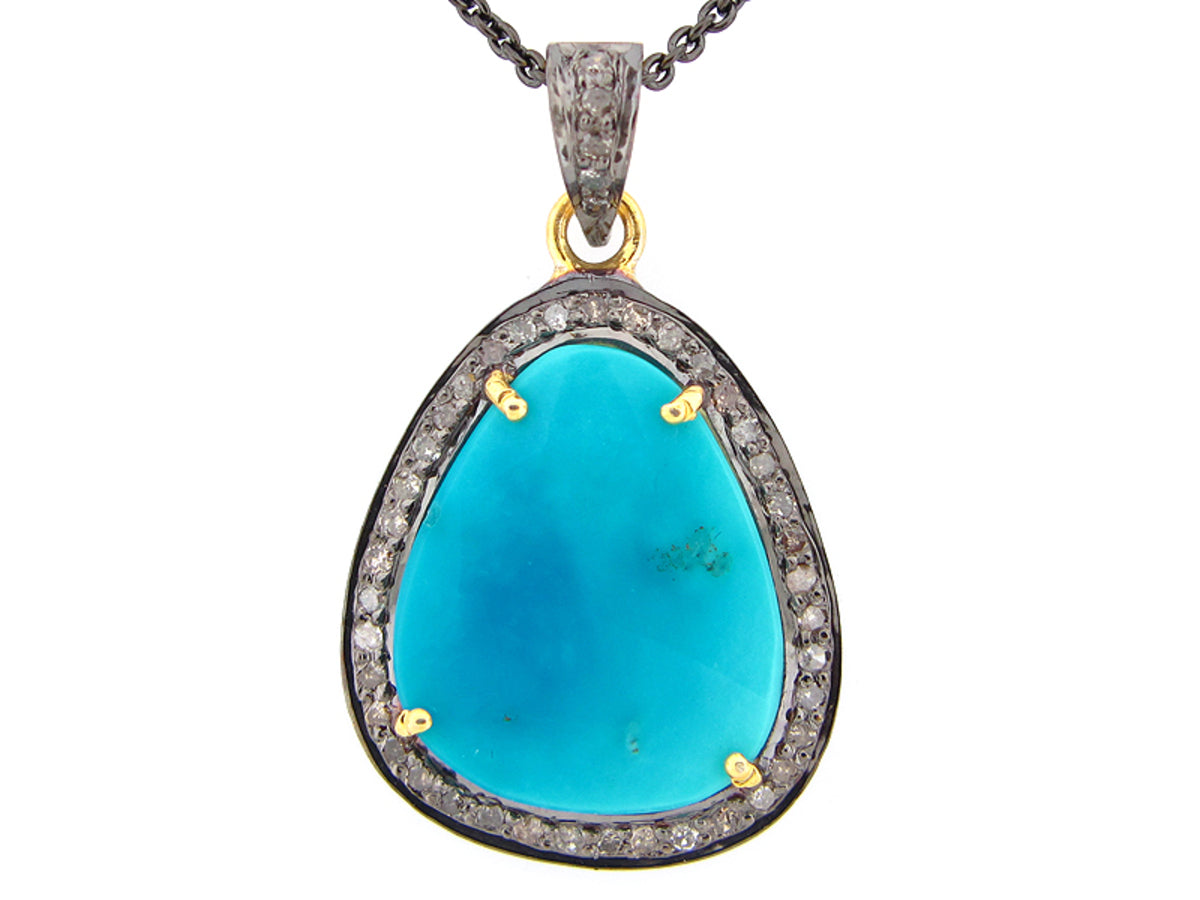 TURQUOISE & BROWN DIAMOND PENDANT, YELLOW FINISH, SILVER (H)