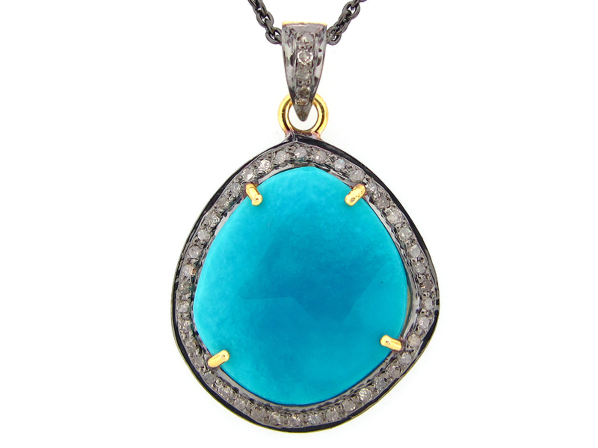 TURQUOISE & BROWN DIAMOND PENDANT, YELLOW FINISH, SILVER (H)