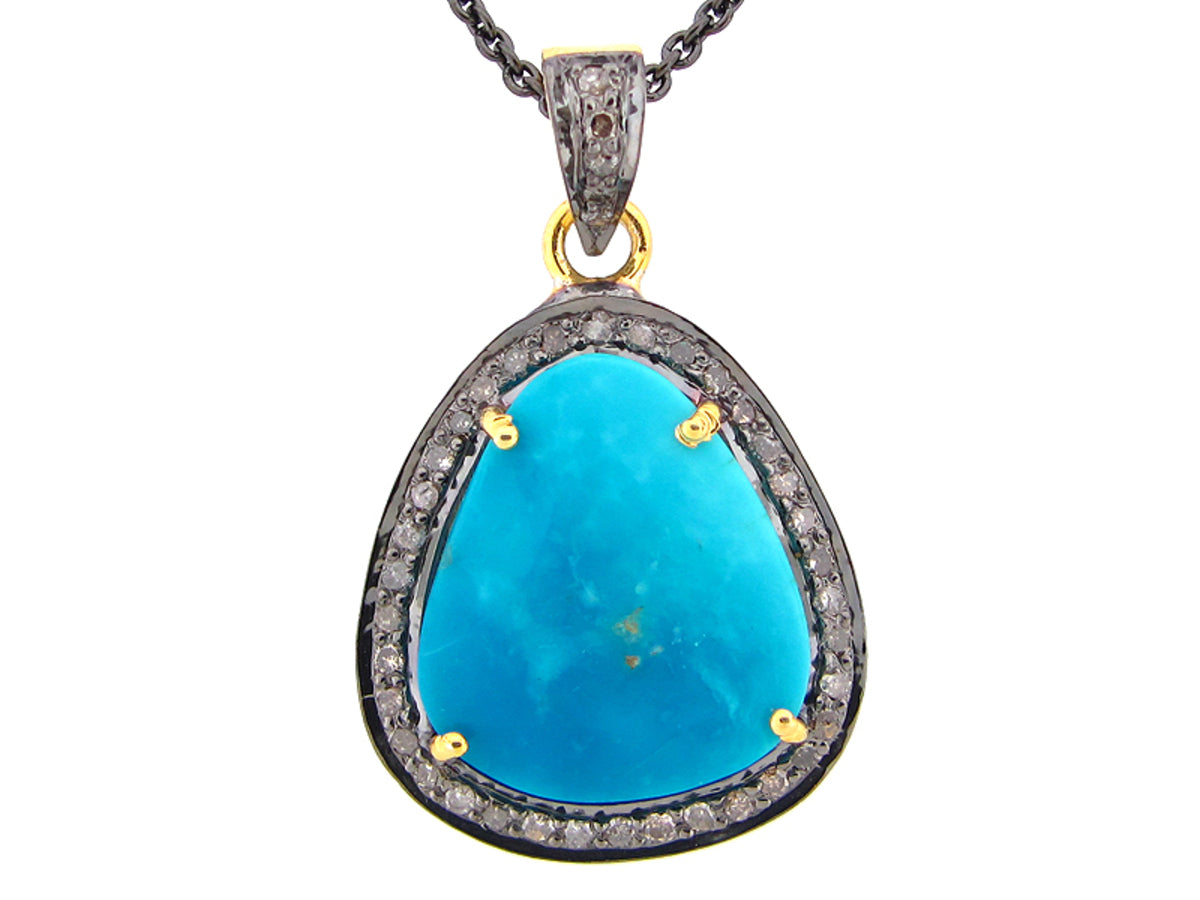 TURQUOISE & BROWN DIAMOND PENDANT, YELLOW FINISH, SILVER (H)