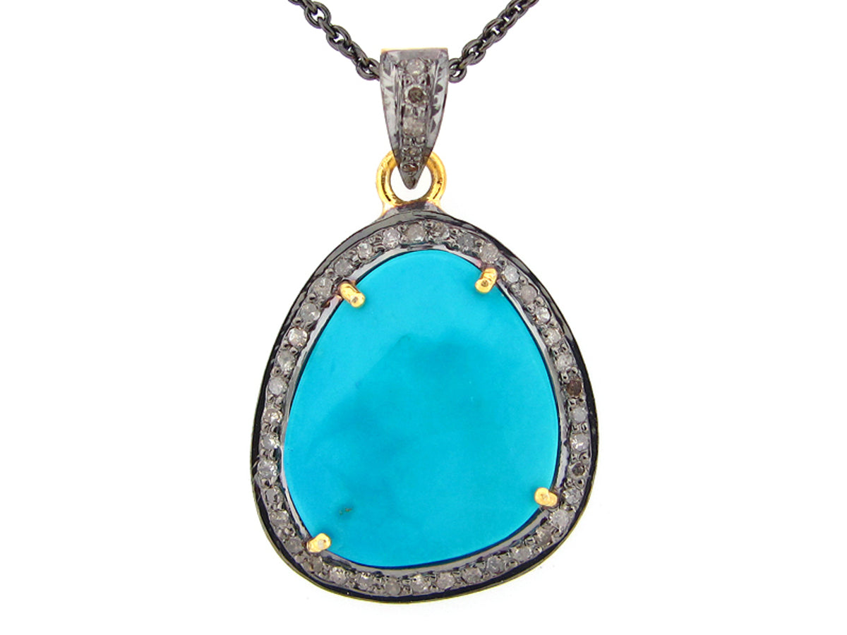 TURQUOISE & BROWN DIAMOND PENDANT, YELLOW FINISH, SILVER (H)