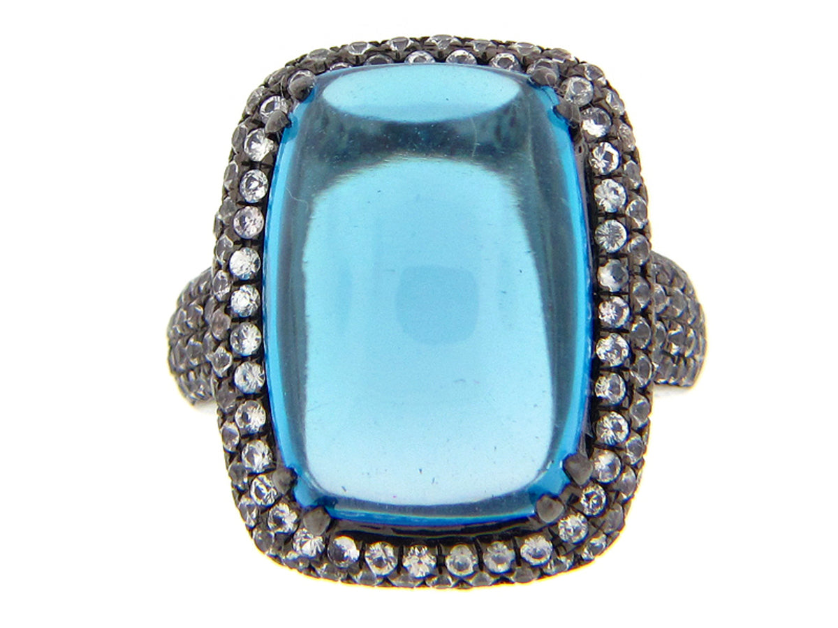 BLUE TOPAZ & WHITE SAPPHIRE RING, BLACK FINISH, SILVER (R/E)