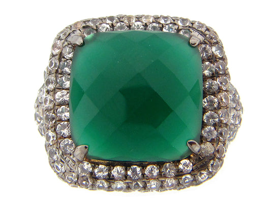 GREEN AGATE & WHITE SAPPHIRE RING, BLACK FINISH, SILVER (D/E)
