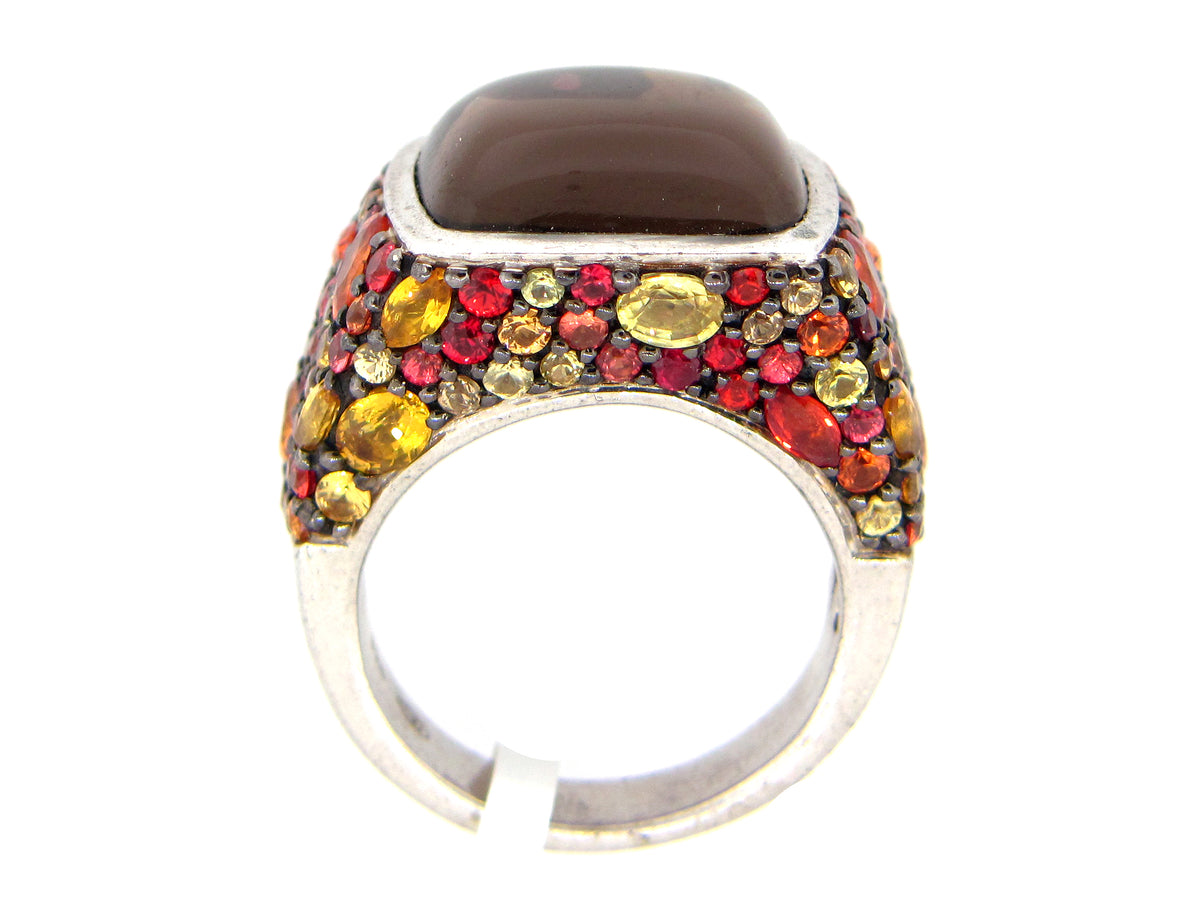 FANCY SAPPHIRE/SMOKEY QUARTZ RING, SILVER (H/U)