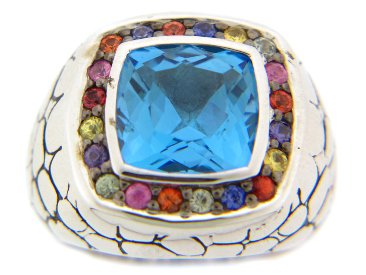 BLUE TOPAZ & RAINBOW SAPPHIRE RING, SILVER (E/U)