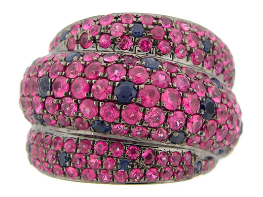 Pink Blue Sapphire Ring, Black Finish, Silver (H)