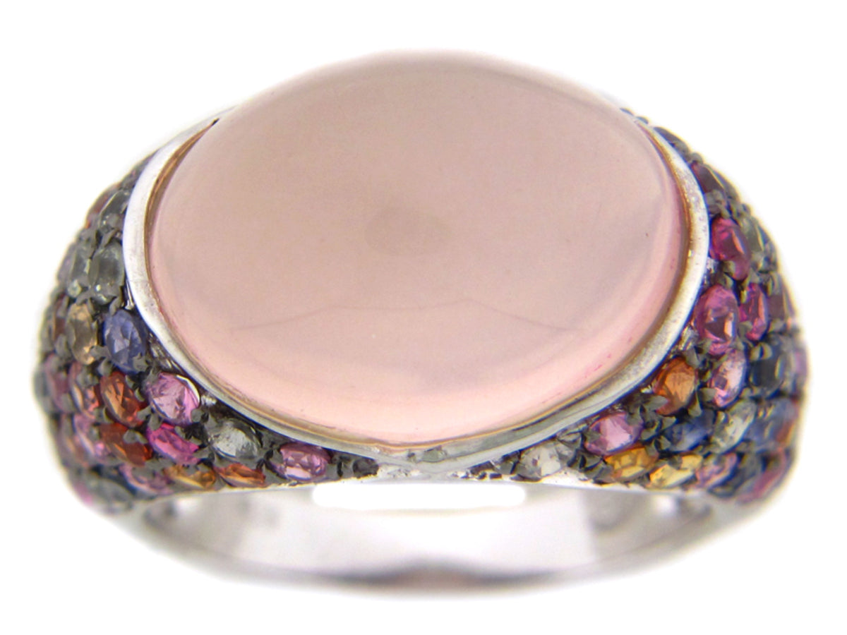 ROSE QUARTZ/RAINBOW SAPPHIRE RING, SILVER (E/U)