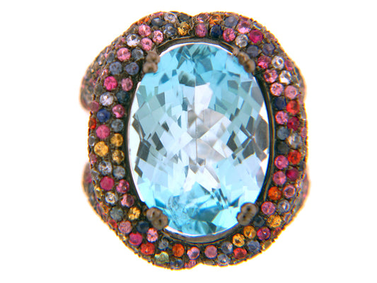 BLUE TOPAZ/RAINBOW SAPPHIRE RING, SILVER (H/U)