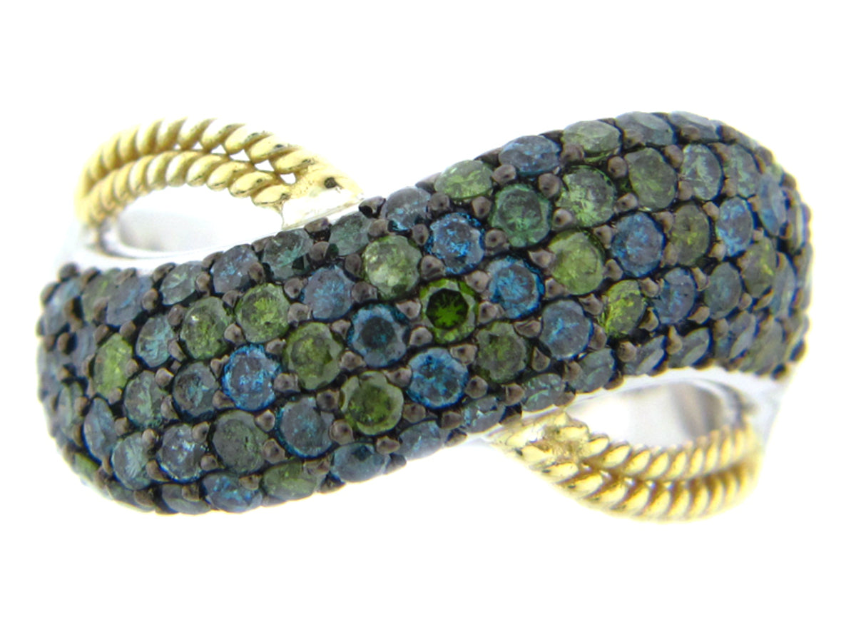 IRR. BLUE & GREEN DIAMOND RING, SILVER/18KY (R)