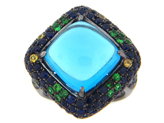 BLUE TOPAZ, SAPPHIRE, TSAVORITE & YELLOW SAPPHIRE RING, SILVER (R/N/H)