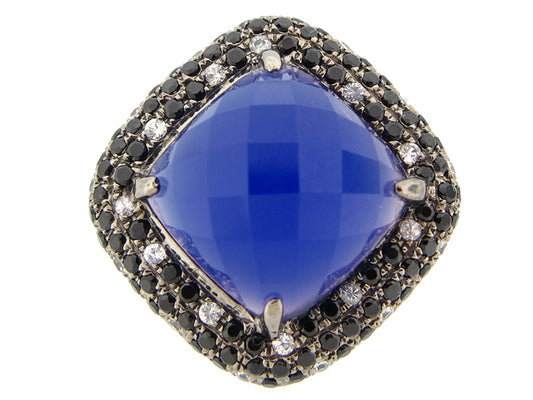 BLUE AGATE, BLACK SPINEL & WHITE SAPPHIRE RING, BLACK FINISH, SILVER (D/H)