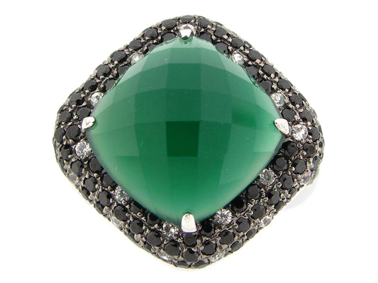 GREEN AGATE, BLACK SPINEL & WHITE SAPPHIRE RING, SILVER (D/E)