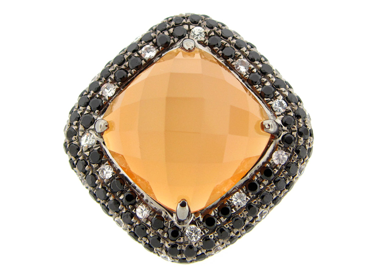 ORANGE AGATE, BLACK SPINEL & WHITE SAPPHIRE RING, BLACK FINISH, SILVER (D/R)
