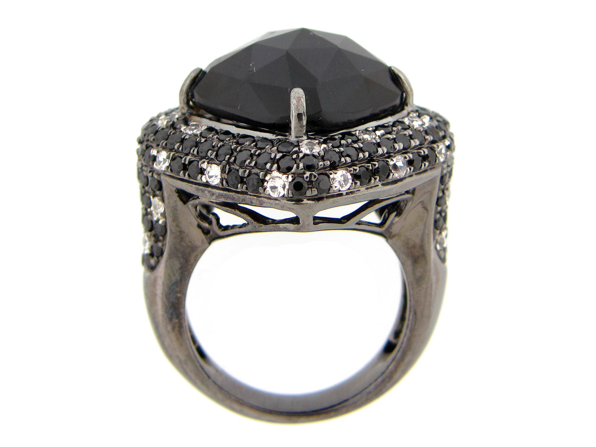 BLACK ONYX, WHITE SAPPHIRE & BLACK SPINEL RING, BLACK FINISH, SILVER (D/H/N)