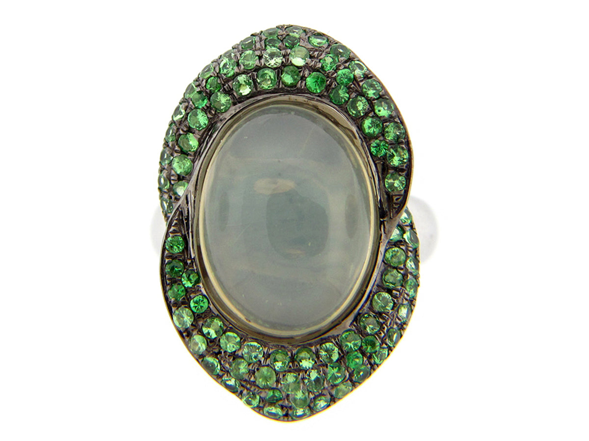 PREHNITE & TSAVORITE RING, SILVER (N)