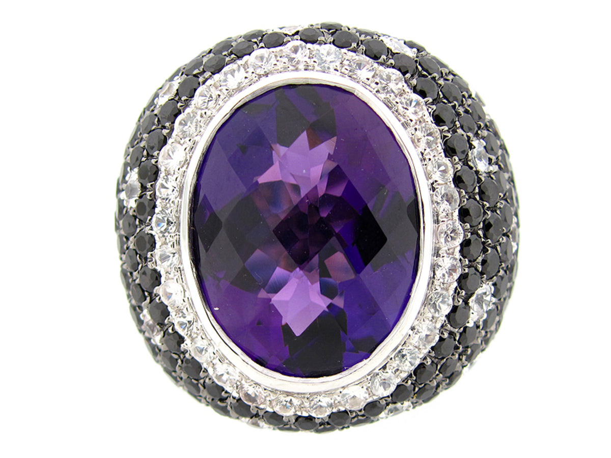 CHB AMETHYST, WHITE SAPPHIRE & BLACK SPINEL RING, SILVER (H/N)