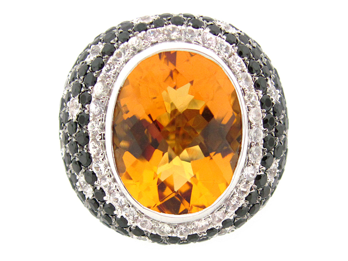 CHB CITRINE, WHITE SAPPHIRE & BLACK SPINEL RING, SILVER (H/N)