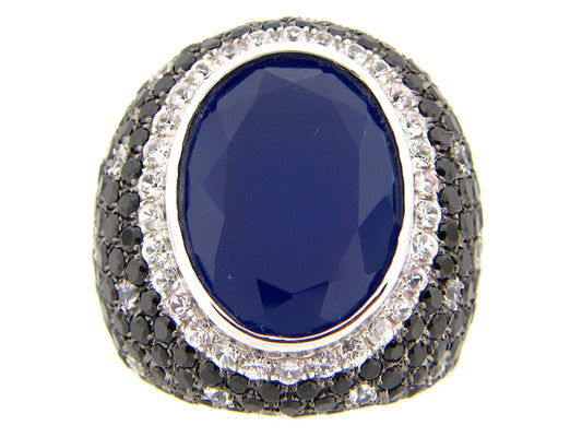 BLUE AGATE, BLACK SPINEL & WHITE SAPPHIRE RING, SILVER (D/H)