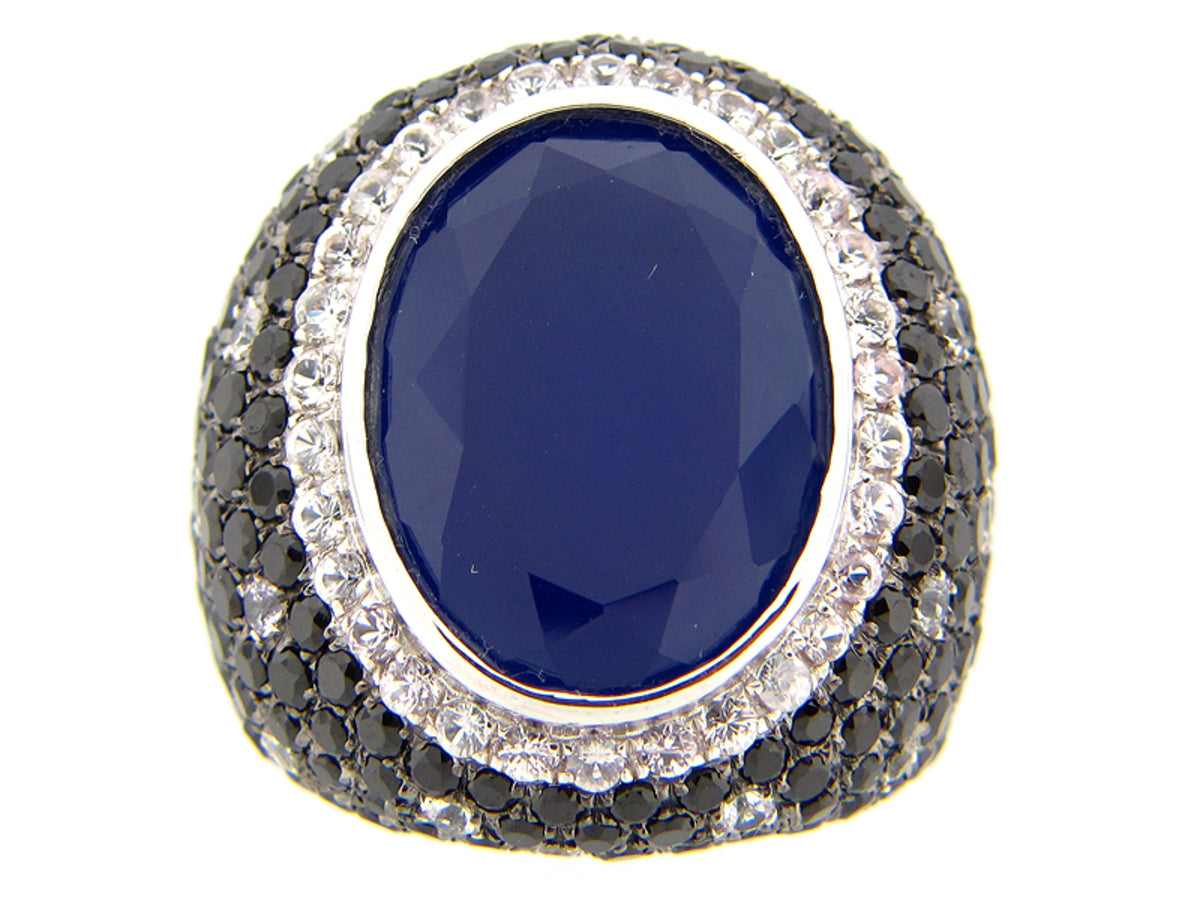 BLUE AGATE, BLACK SPINEL & WHITE SAPPHIRE RING, BLACK FINISH, SILVER (D/H)