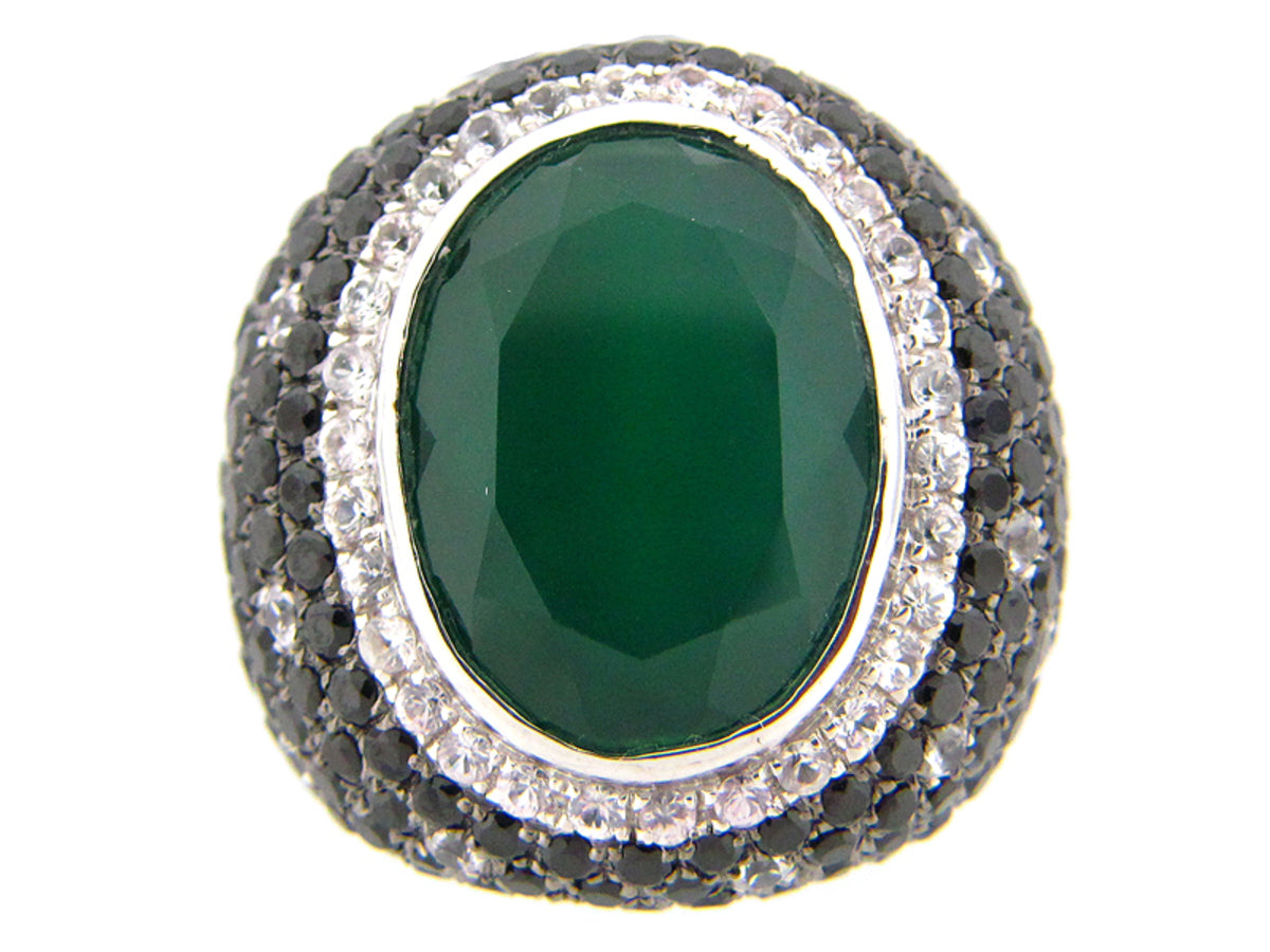 GREEN AGATE, BLACK SPINEL & WHITE SAPPHIRE RING
