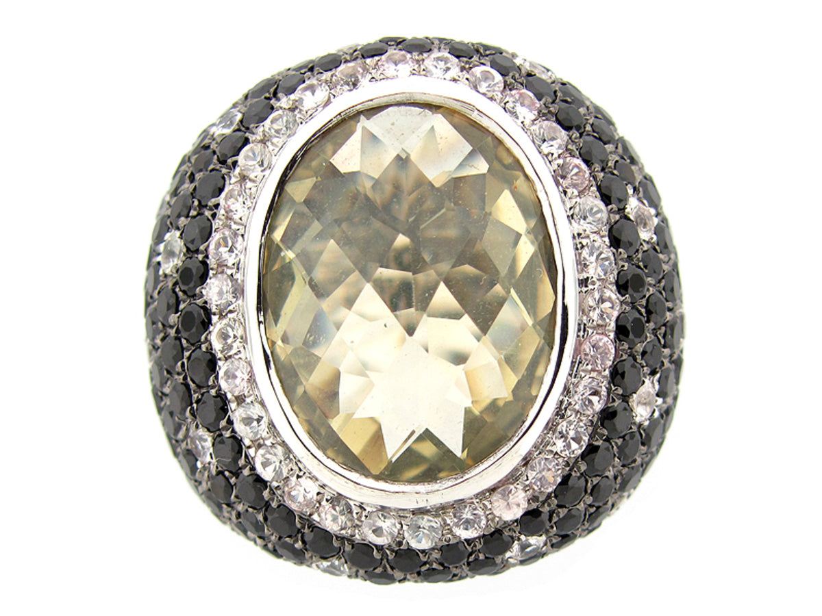CHB LEMON QUARTZ, WHITE SAPPHIRE & BLACK SPINEL RING, SILVER (H/N)