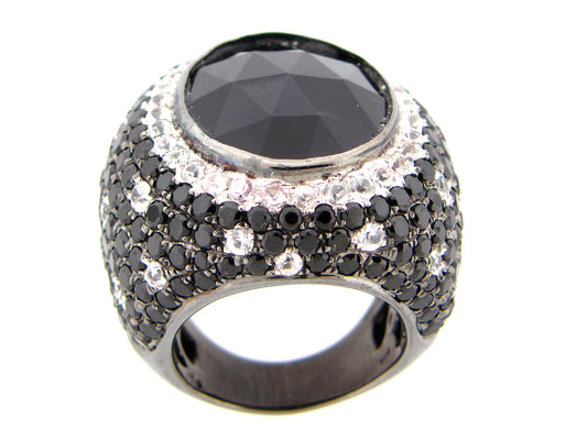 BLACK ONYX, WHITE SAPPHIRE & BLACK SPINEL RING,BLACK FINISH, SILVER (D/H/N)