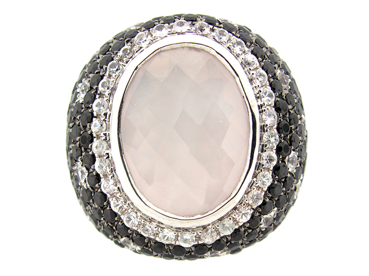 CHB ROSE QUARTZ, WHITE SAPPHIRE & BLACK SPINEL RING, SILVER (H/N)
