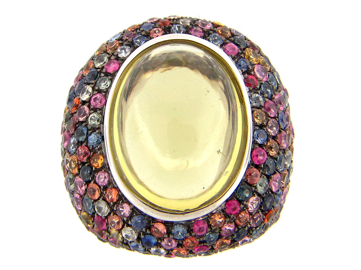 LEMON QUARTZ/FANCY SAPPHIRE RING, SILVER (H/U)