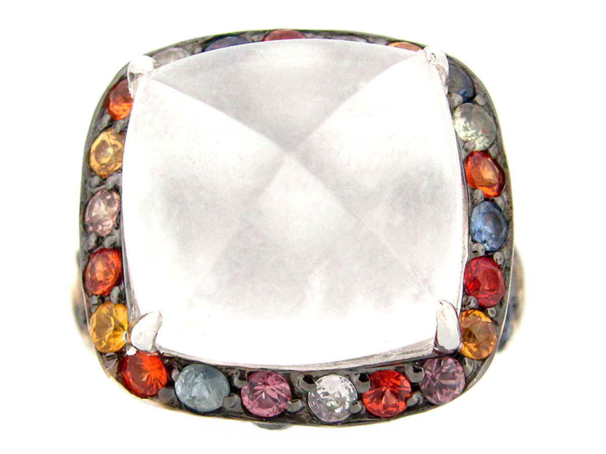 WHITE QUARTZ & RAINBOW SAPPHIRE RING, SILVER (H)