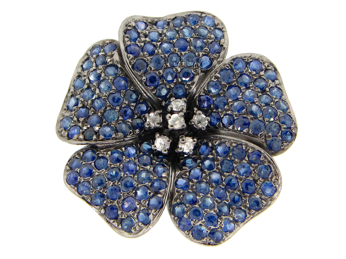 BLUE AND WHITE SAPPHIRE RING, BLACK FINISH, SILVER (H)