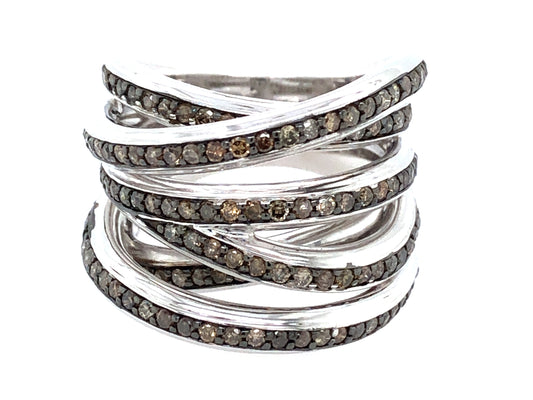 BROWN DIAMOND MULTI STRAND RING, WHITE FINISH, SILVER (N)