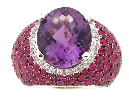AMETHYST, WHITE SAPPHIRE & RUBY RING, SILVER  (H)